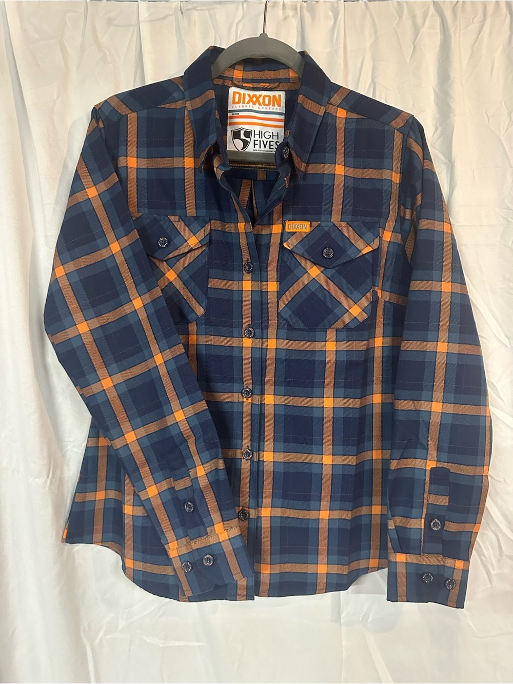 Dixxon High Fives Woman’s Navy & Orange Plaid Button-Up Shirt